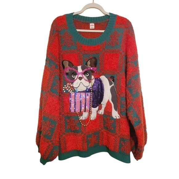 Holiday Time | Women's Red and Green Bulldog Crewneck Sweater (Size 3X) - Picture 1 of 15